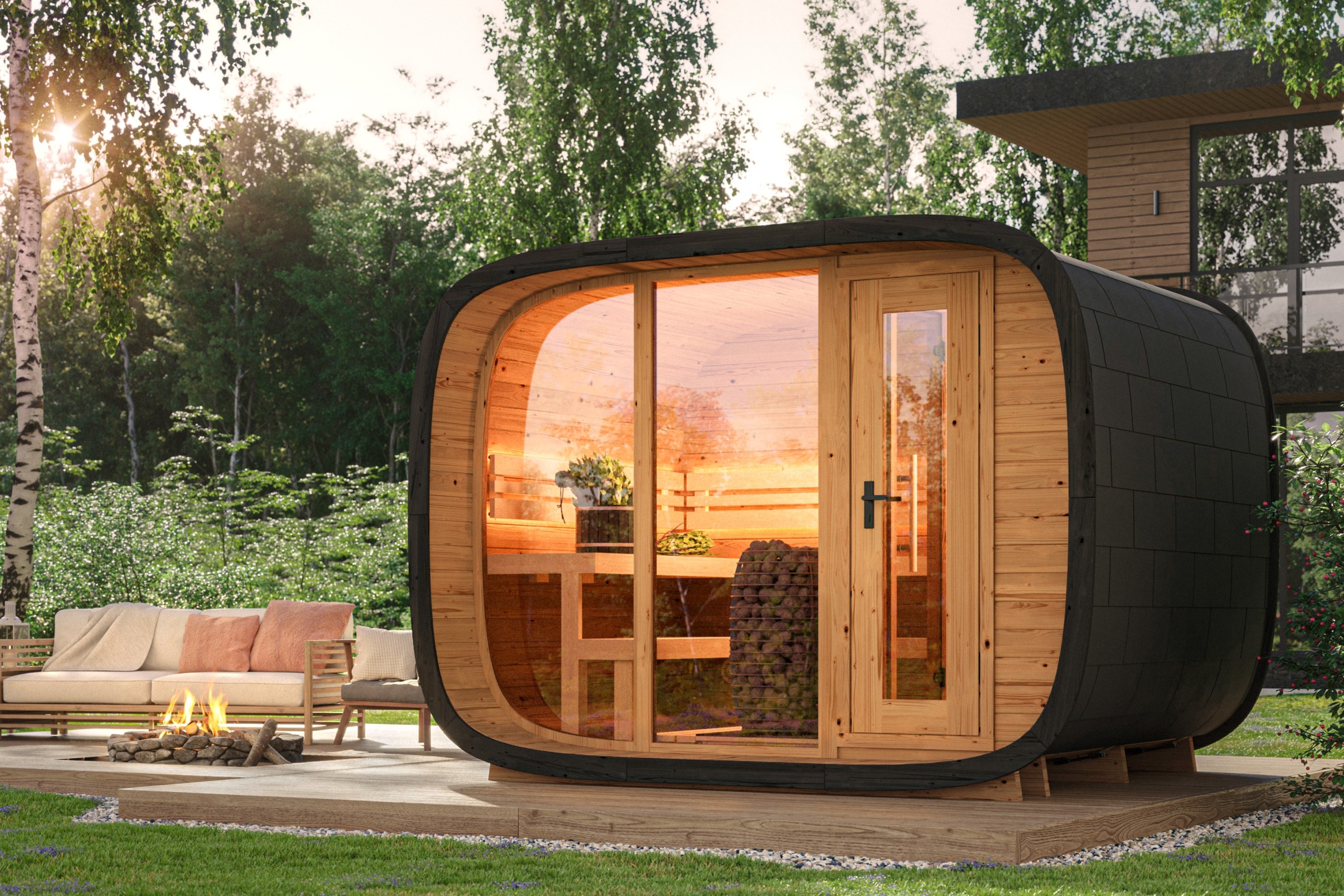 Fasssauna Round-Cube Deluxe Design-Gartensauna | FINNWERK