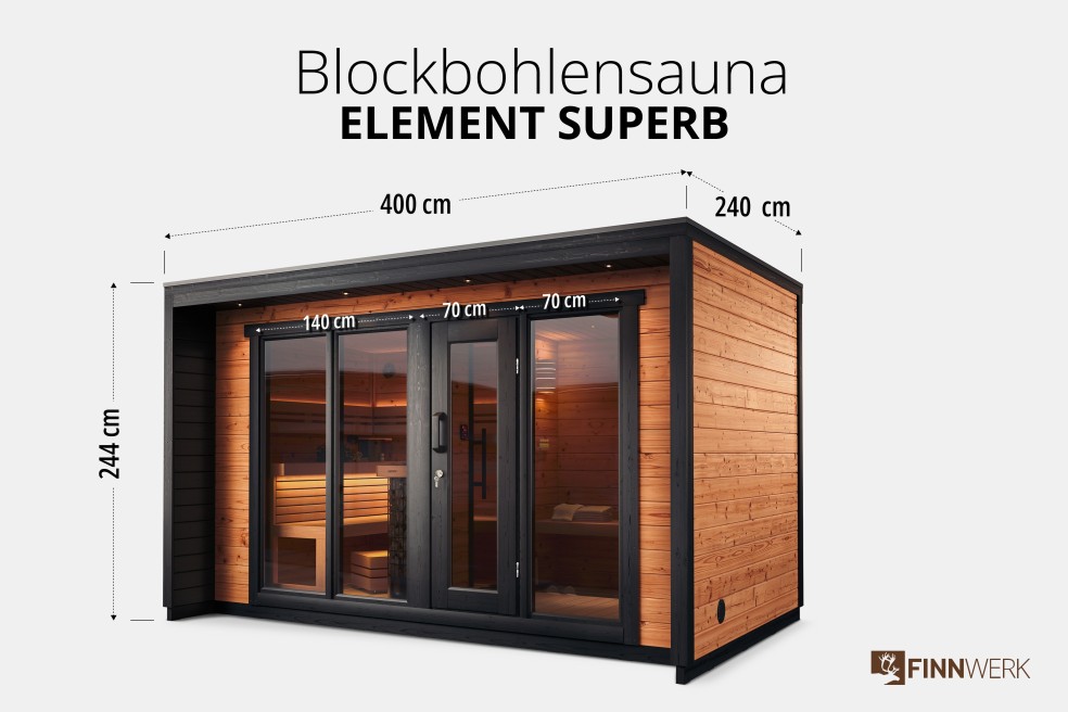 Außenmaße Gartensauna Element Superb, FINNWERK Studioaufnahme
