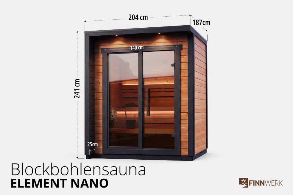 Außensauna Garten Element Nano von Finnwerk Uebersichtsbild mit Massen
