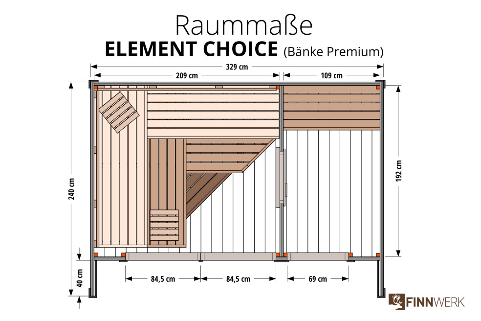Blocksauna Element Choice - Maßzeichnung Ansicht von oben, Raumaufteilung
