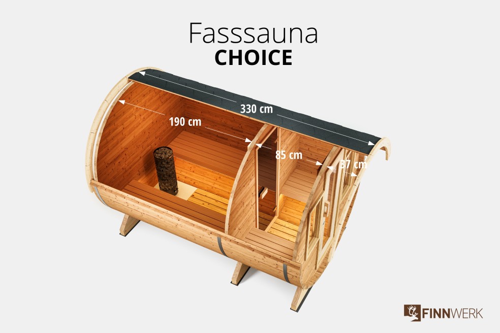 Fasssauna Choice von Finnwerk 330cm Schnittbild Studio mit Maßen
