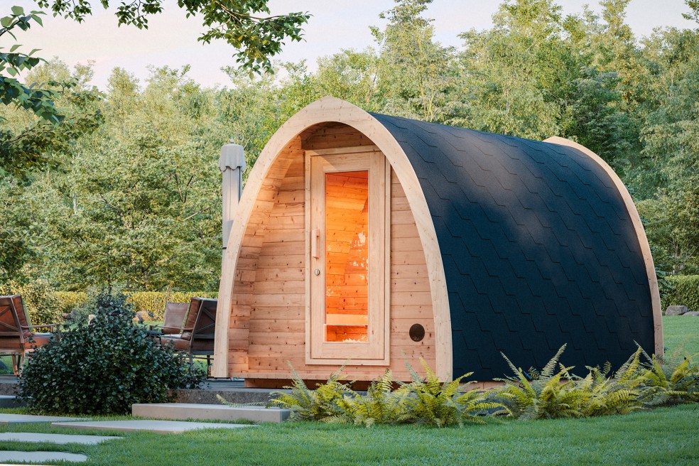 Fasssauna Iglu Deluxe 400cm Thermoholz -  Aussenansicht im Garten