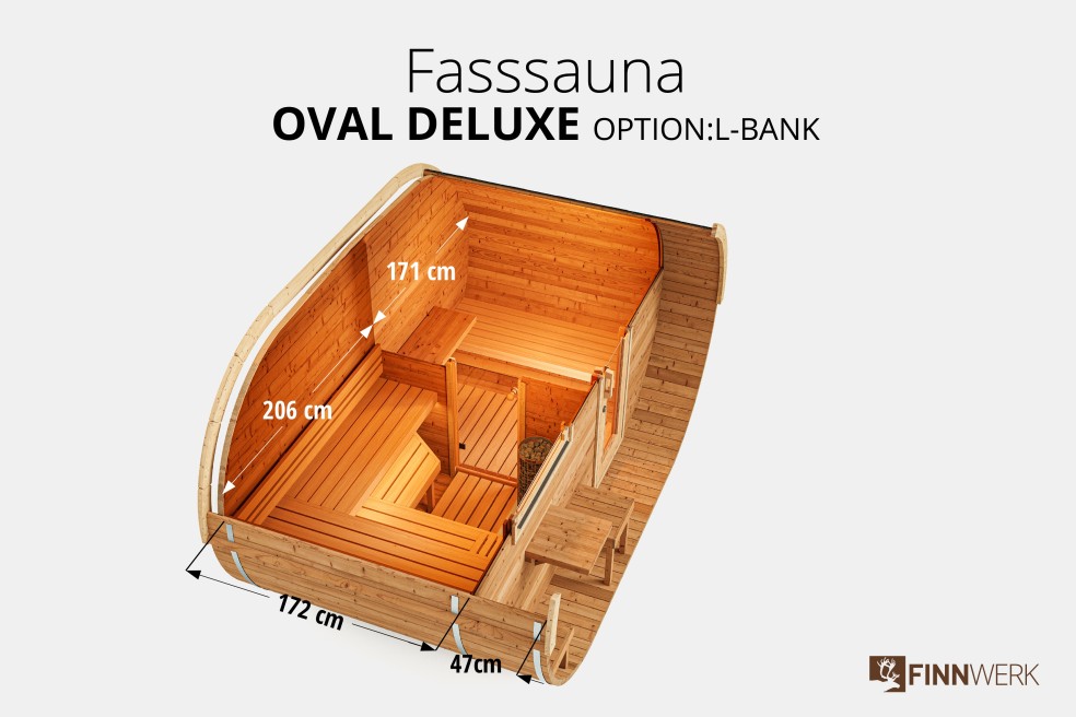 Fasssauna Oval Deluxe Übersicht Schnittbild mit Maßen im Studio