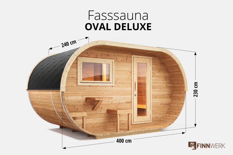 Fasssauna Oval Deluxe Übersicht mit Maßen im Studio