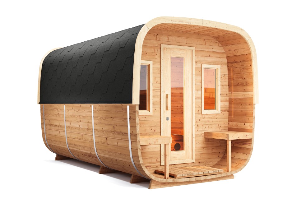 Fasssauna Quadratisch Deluxe Exklusivsauna Thermoholz 400cm Hauptansicht Studio