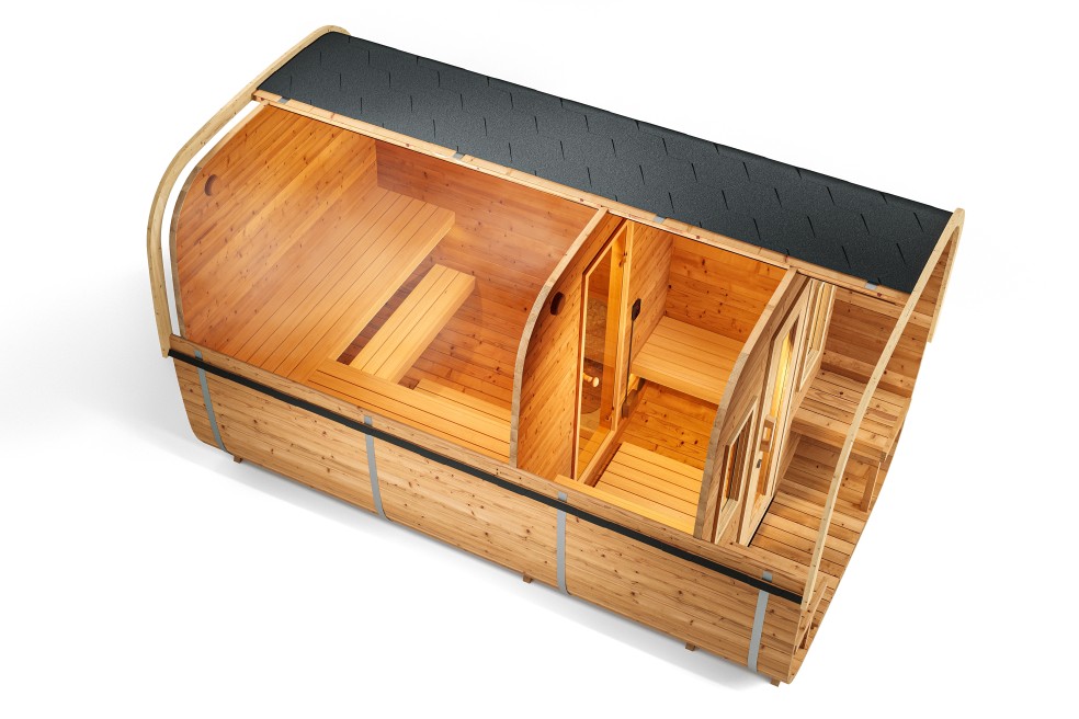 Fasssauna Quadratisch Deluxe von Finnwerk Exklusivsauna 400cm Schnittbild Studio