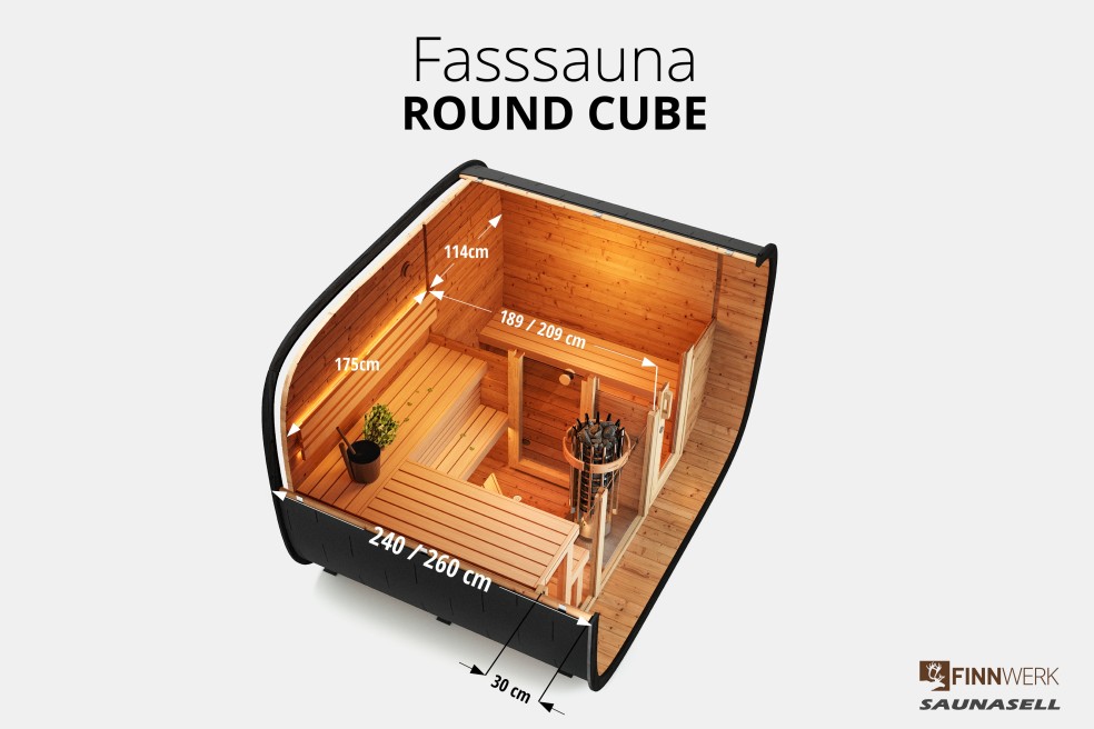 Finnwerk Roundcube Schnittbild Fasssauna für den Garten mit Abstaenden