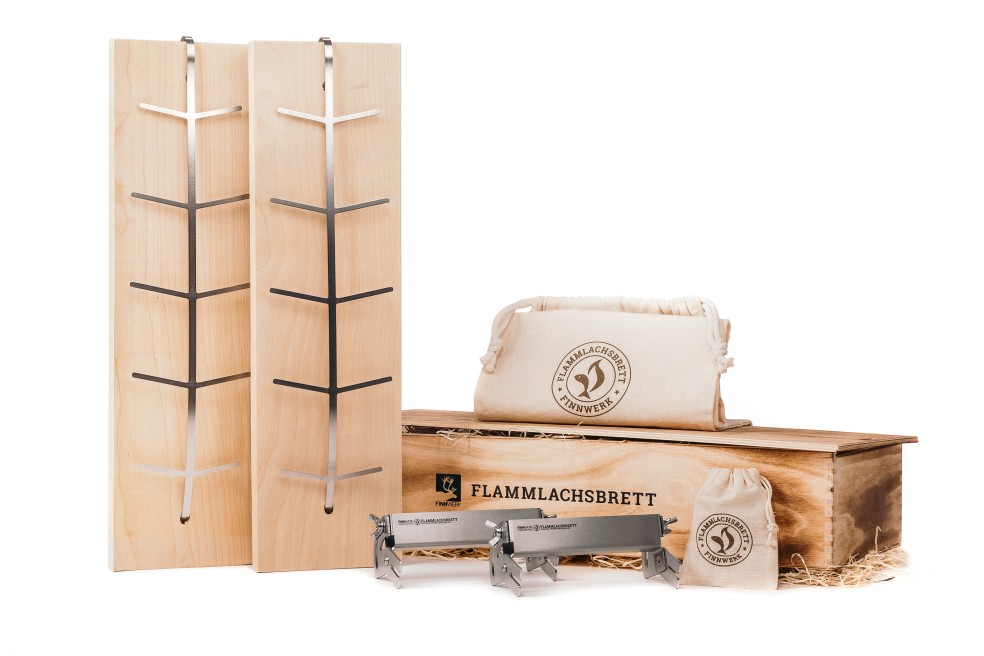 Flammlachsbrett Doppelset mit limitierter Holz-Geschenkbox in neuer Auflage von FInnwerk