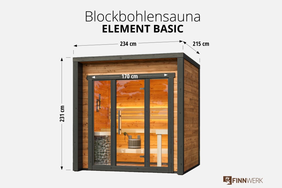 Garten-Blocksauna Element Basic Uebersicht FINNWERK mit Massen
