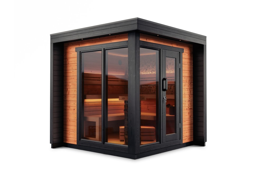 Gartensauna Element Balance - mit Glaspanorama Studioaufnahme Hauptbild von FINNWERK