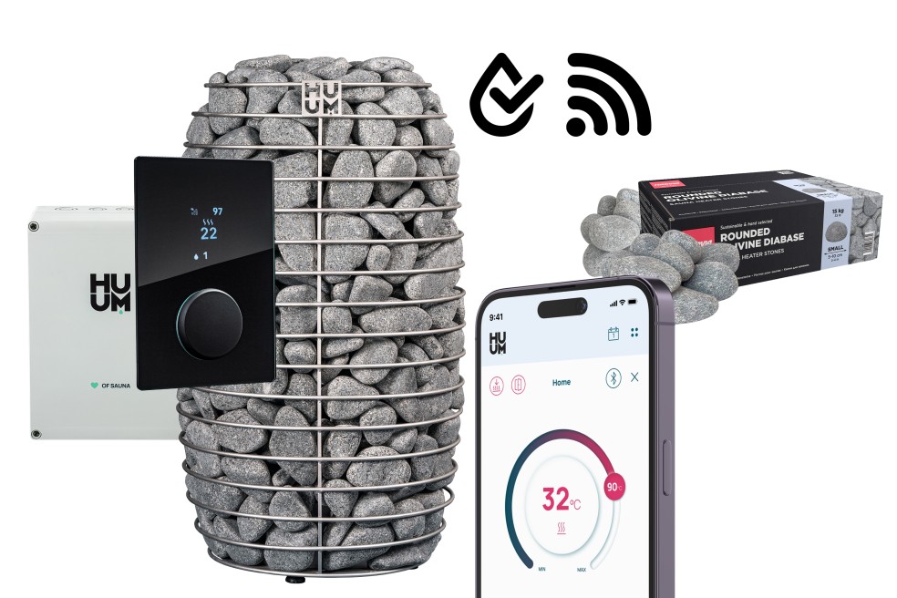 Huum Hive Mini 9kW Ofenset mit UKU Steuerung GLAS WIFI inkl. Saunasteine Rund