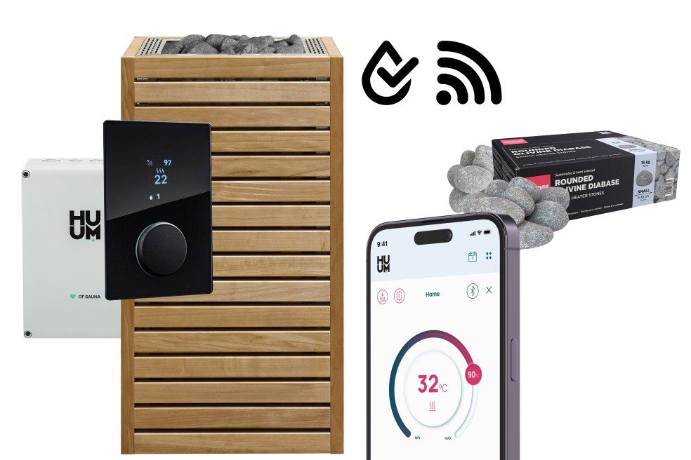 Huum Hive Mini 9kW Ofenset mit UKU Steuerung GLAS WIFI inkl. Saunasteine Rund