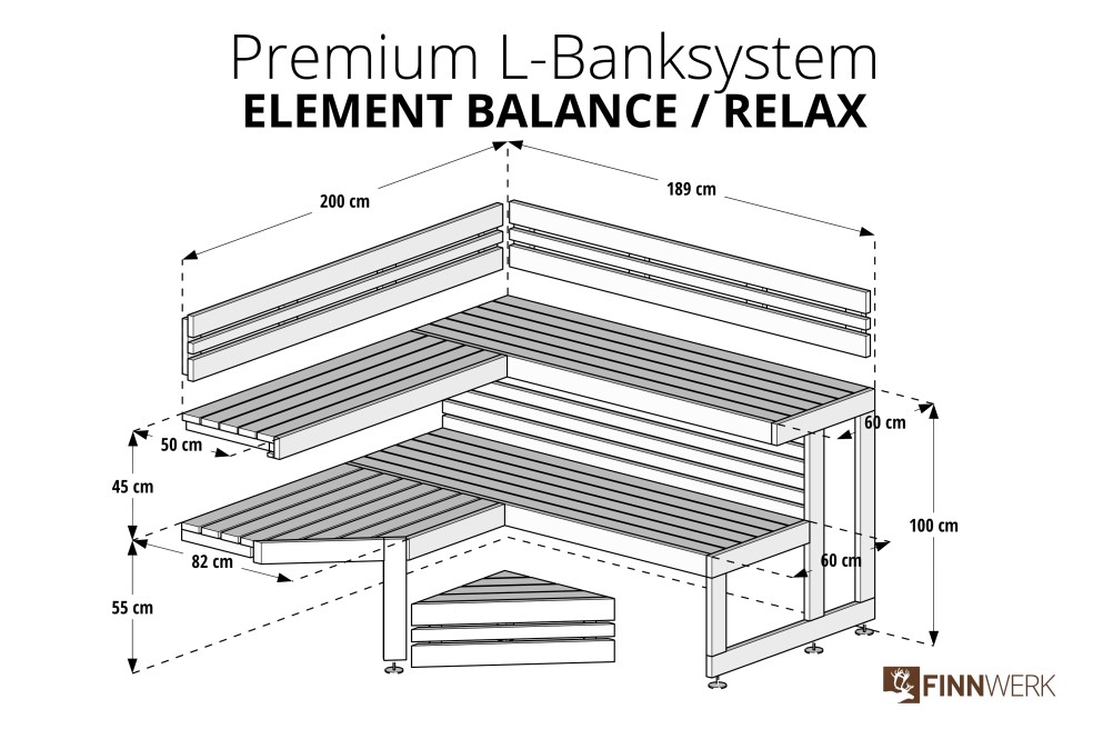 Premiumbanksystem Blocksauna Element RELAX - Dreistufiges Banksystem