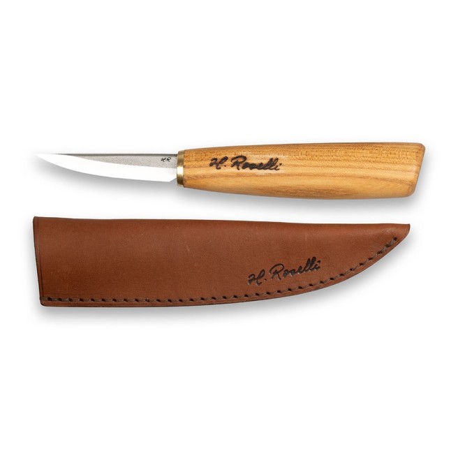 Roselli R113D Schnitzmesser mit kurzer Klinge und Griff aus Rotulme mit Lederscheide.jpg
