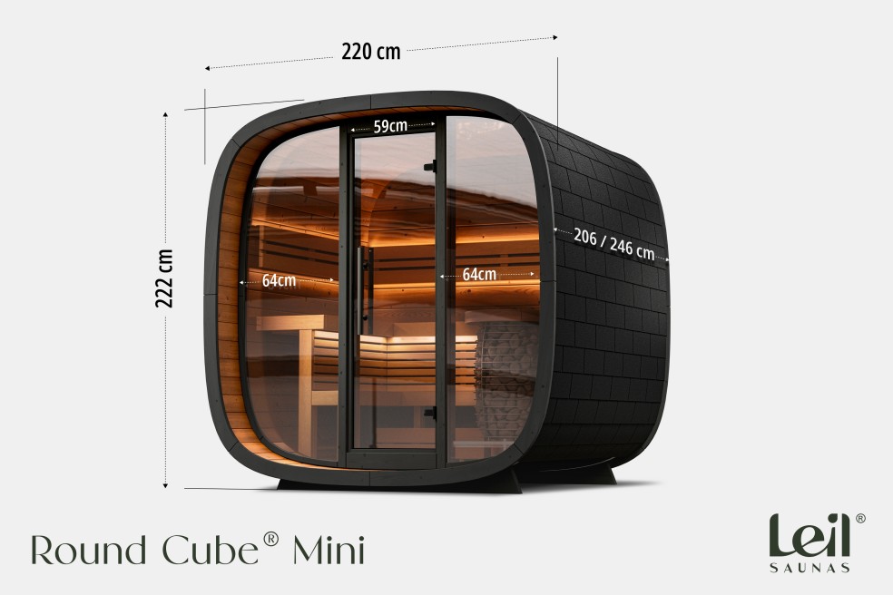 Round Cube Mini - Premium Saunafass Studioaufnahme mit Maßen