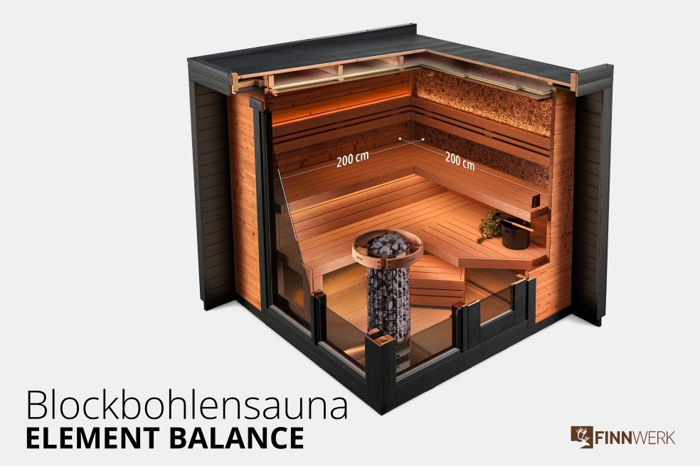 Sauna in kubischer Bauweise - Element Balance, Schnittansicht großer Innenraum von FINNWERK