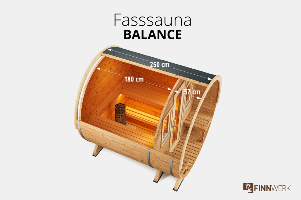 Saunafass Balance 250 Thermoholz Übersicht mit Maßen Schnittbild Studio