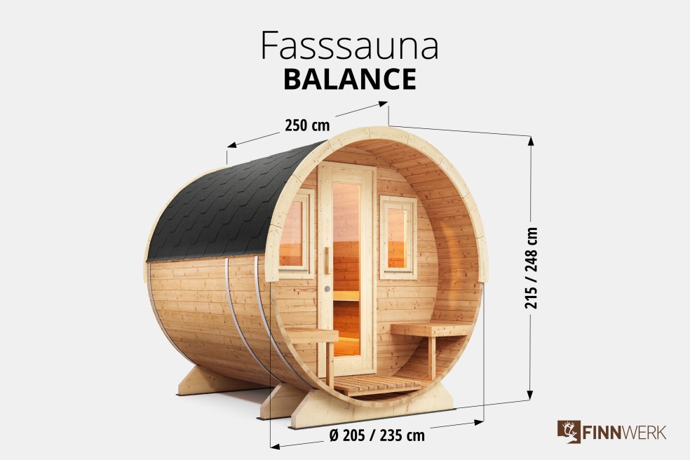 Saunafass Balance Thermo von Finnwerk im Studio mit Maßen