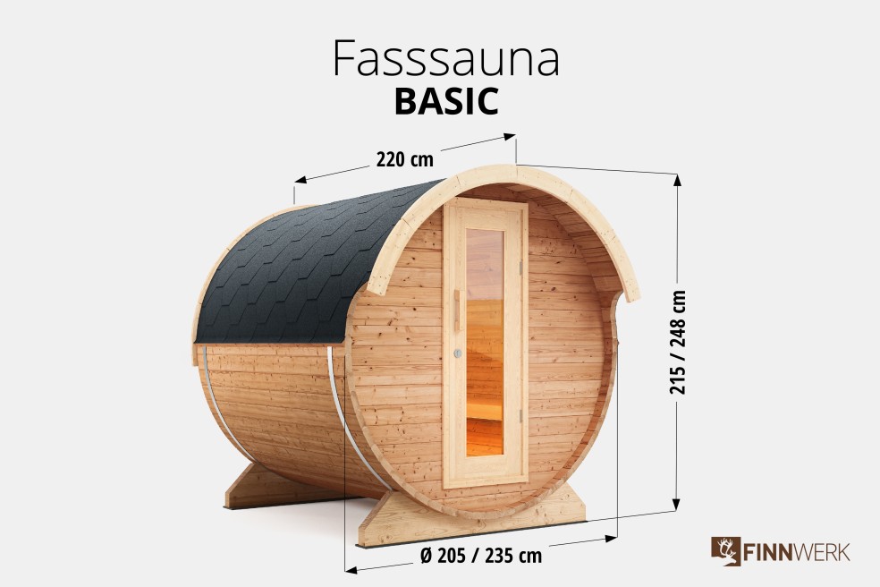 Saunafass Basic Übersichtsbild mit Maßen im Studio