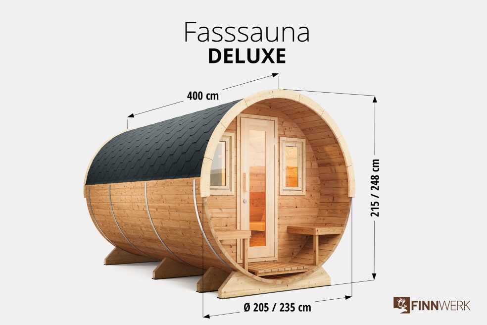Saunafass Deluxe 400 von Finnwerk Übersicht mit Maßen im Studio