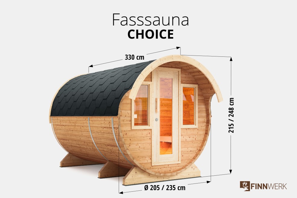 Saunafass Finnwerk Choice 330 Übersicht mit Maßen im Studio