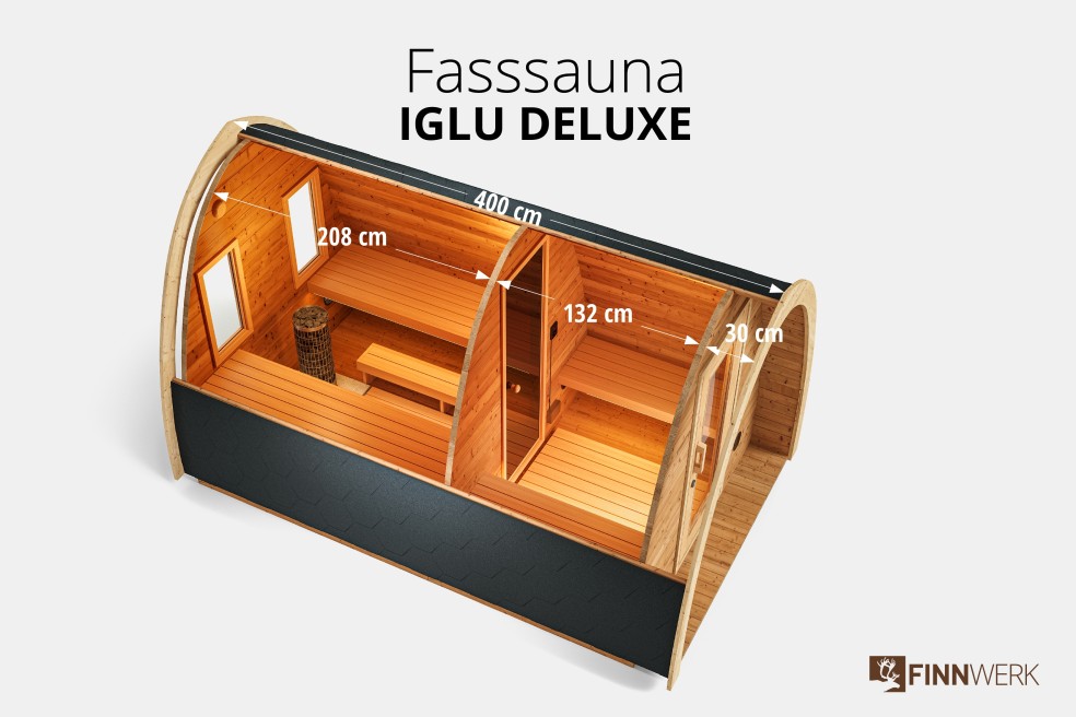 Saunafass Iglu Deluxe 400cm aus Thermoholz Schnitt mit Maßen im Studio