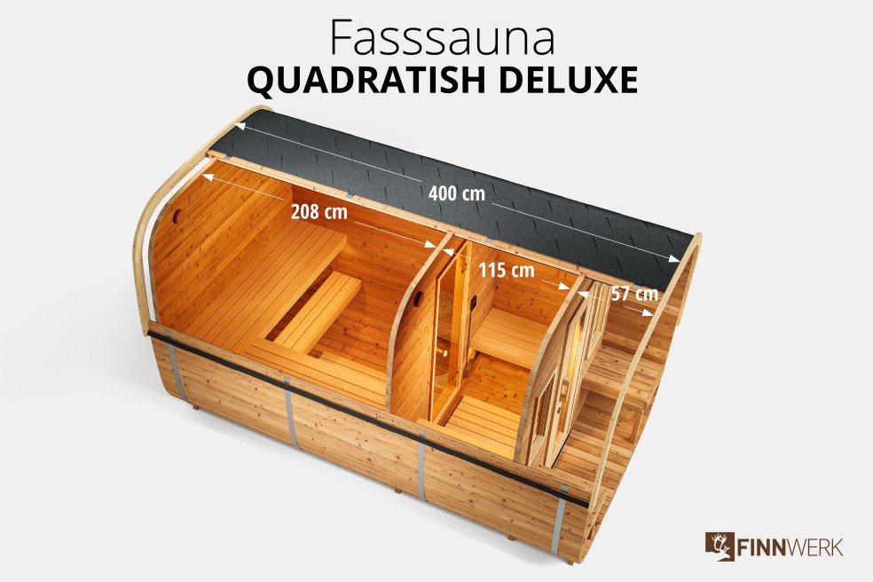 Saunafass Quadratic Deluxe 400cm Themoholz Übersicht Schnittbild mit Massen