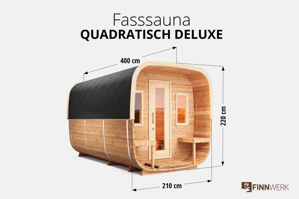 Saunafass Quadratisch Deluxe aus Thermoholz Finnwerk Übersicht mit Maßen Studio