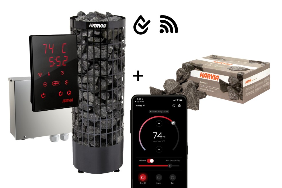 Saunaofen Elektro Harvia Cilindro BLACK 9kW + CX110XWIP Steuerung (feuchtraumgeeignet) inkl. Steine