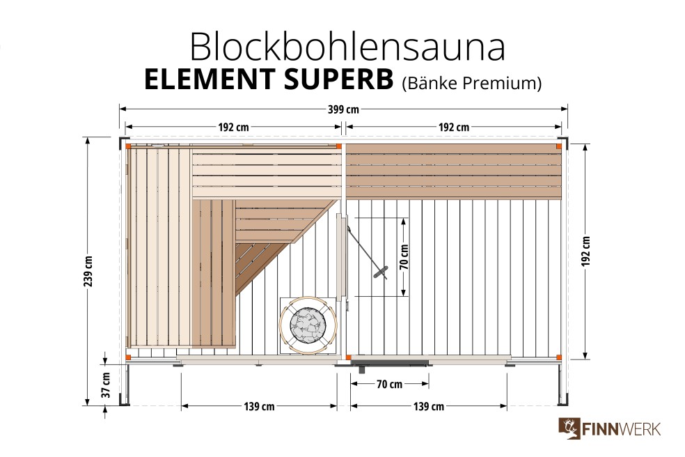 Zeichnung Draufsicht: Gartensauna Element Modern Superb mit Finnwerk Bank