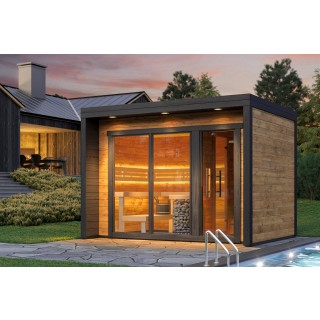 FINNWERK moderne Designsauna Element Relax - Gartenszene - termo_evening_4K_good