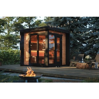 Finnwerk kubische Sauna Element Balance mit Glaspanorama - Gartenaufnahme Abenstimmung, Wellnessoase by Finnwerk