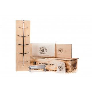 Rustikales Geschenkset Flammlachsbrett mit Ersatzbrett in neuer Auflage - Holzbox und zwei Baumwollbeuteln von Finnwerk