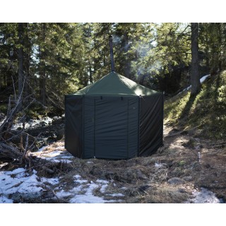 Zeltsauna Hiisi 4 hexagonal Freisteller mobile Sauna Savotta für unterwegs