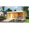 FINNWERK moderne Design Blockbohlensauna Element Deluxe - Gartenszene natur_no tub_4K
