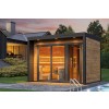 FINNWERK moderne Designsauna Element Relax - Gartenszene - termo_evening_4K_good