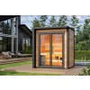 Moderne Gartensauna Element Nano - Finnwerk, Blockbohle, Glasfront - im Garten mit Pool