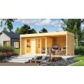 Vorschaubild: FINNWERK moderne Design Blockbohlensauna Element Deluxe - Gartenszene natur_no tub_4K