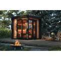 Vorschaubild: Finnwerk modern Gartensauna Element Balance, kubische Bauweise mit Glaspanorama - Gartenaufnahme Abenstimmung, Wellnessoase by Finnwerk