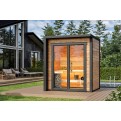 Vorschaubild: Moderne Gartensauna Element Nano - Finnwerk, Blockbohle, Glasfront - im Garten mit Pool