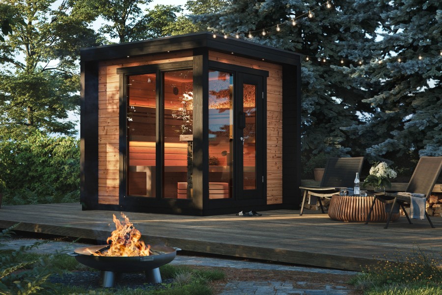 Finnwerk modern Gartensauna Element Balance, kubische Bauweise mit Glaspanorama - Gartenaufnahme Abenstimmung, Wellnessoase by Finnwerk