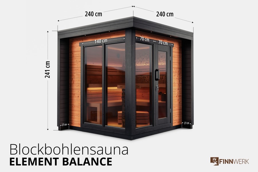 Gartensauna Element Balance - Maßzeichnung Außenbild Studioaufnahme Übersicht