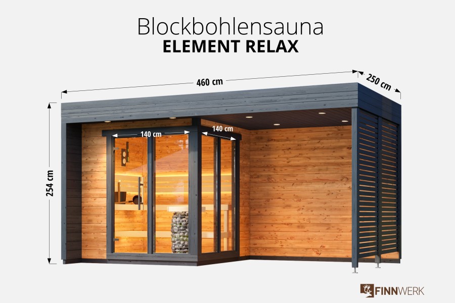 Gartensauna Element Relax - Kubische Blocksauna Übersicht außen mit Maßen