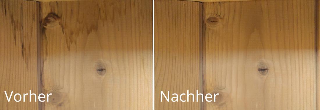 Vorher und nachher Bild zeigt effektivität des Holzreinigers