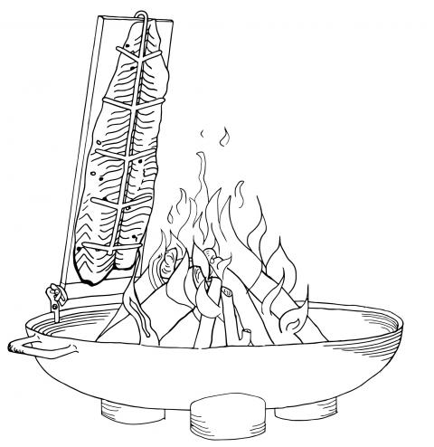 Flammlachs Zubereitung in einer Feuerschale Illustration