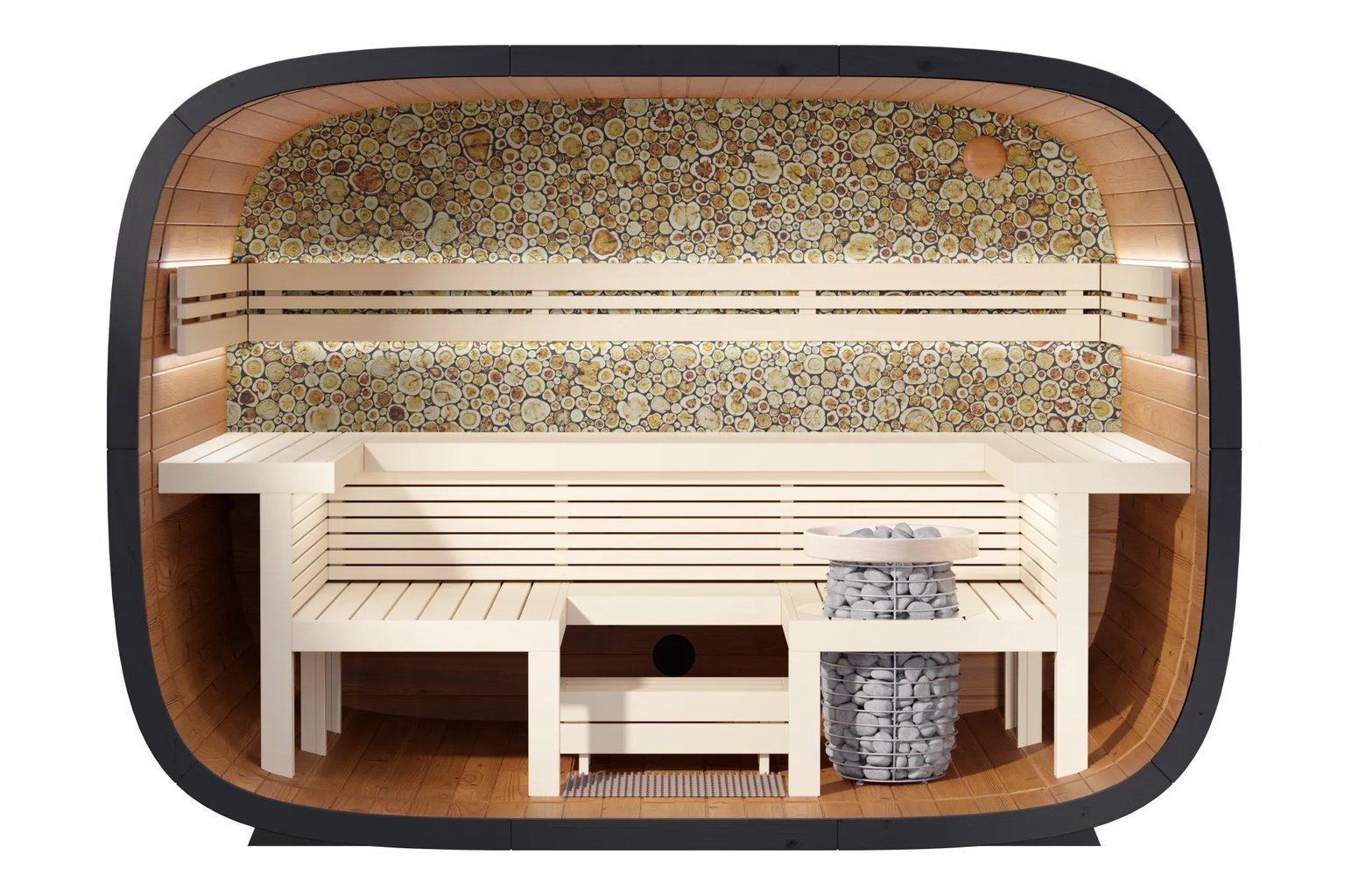 Gartensauna Round Cube Relax mit großer Glasfront und dunkler Schindelhülle vor verschneiter Landschaft